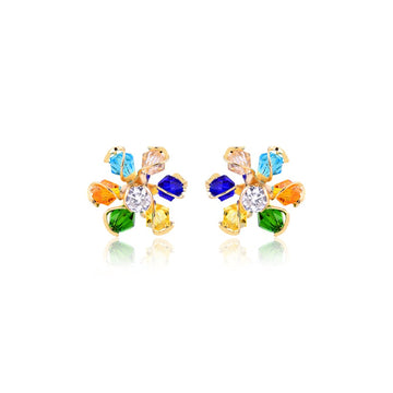 18K Gold Layered Oro Laminado Multi-Color Rhinestone Flower Design Earrings 21.0056/17